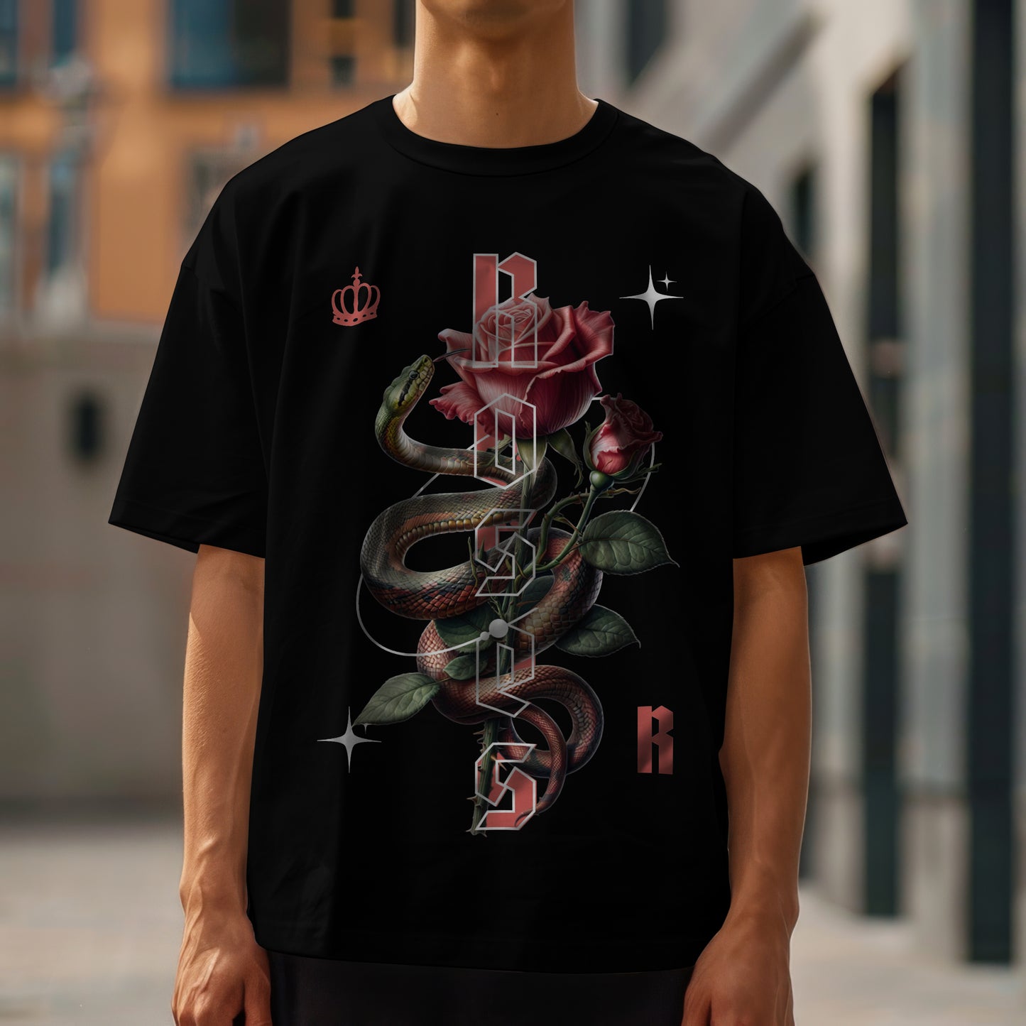 Roses & Serpent Graphic T-Shirt – Gothic Floral Streetwear