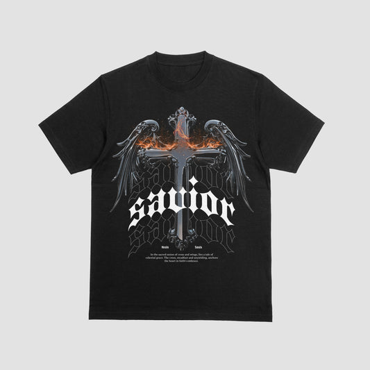 Savior – Flaming Cross & Wing Graphic Tee